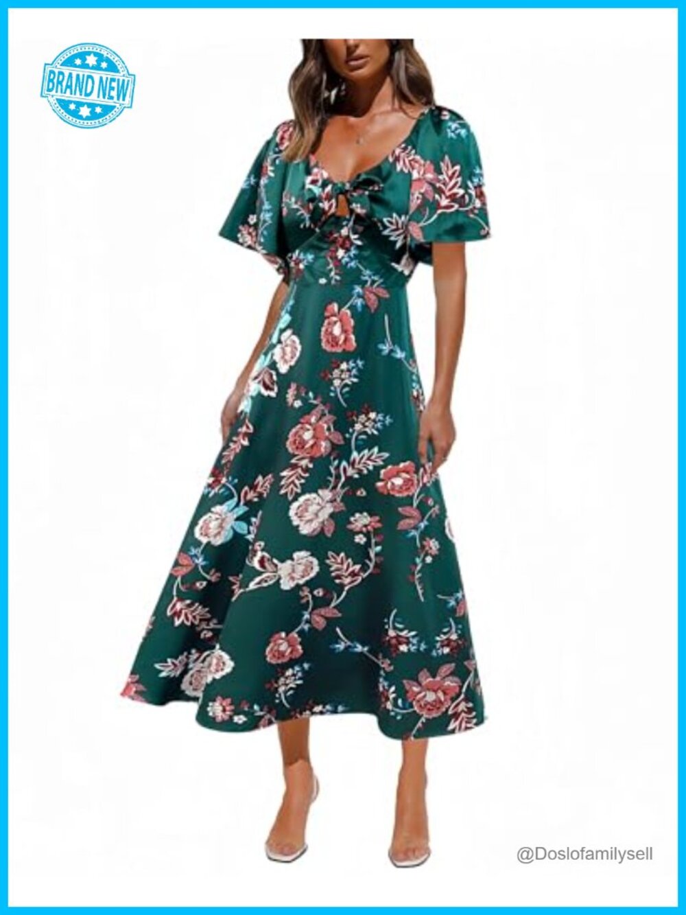 Satin Floral Maxi Dress V-Neck Tie Front Cap Sleeve Flowy